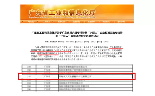 Another National-Level Honor Added! Zhuhai Shuifa Singyes New Materials Technology Co., Ltd. has been honored with the title of National-Level Specialized, Refined, Distinctive, and Innovative &lsquo;Little Giant&rsquo; Enterprise.